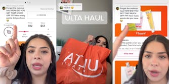 Wpman greenscreen TikTok over Ulta app pointing to rewards caption "Forget the makeup haul HOW DID YOU GET THAT MUH OFF???? How many points did you have" (l) Woman holding Ulta bag caption "Haul rn" "ULTA HAUL" (c) woman greenscreen TikTok over Ulta app pointing to points deals caption "Forget the makeup haul HOW DID YOU GET THAT MUCH OFF???? How many points did you have" (r)