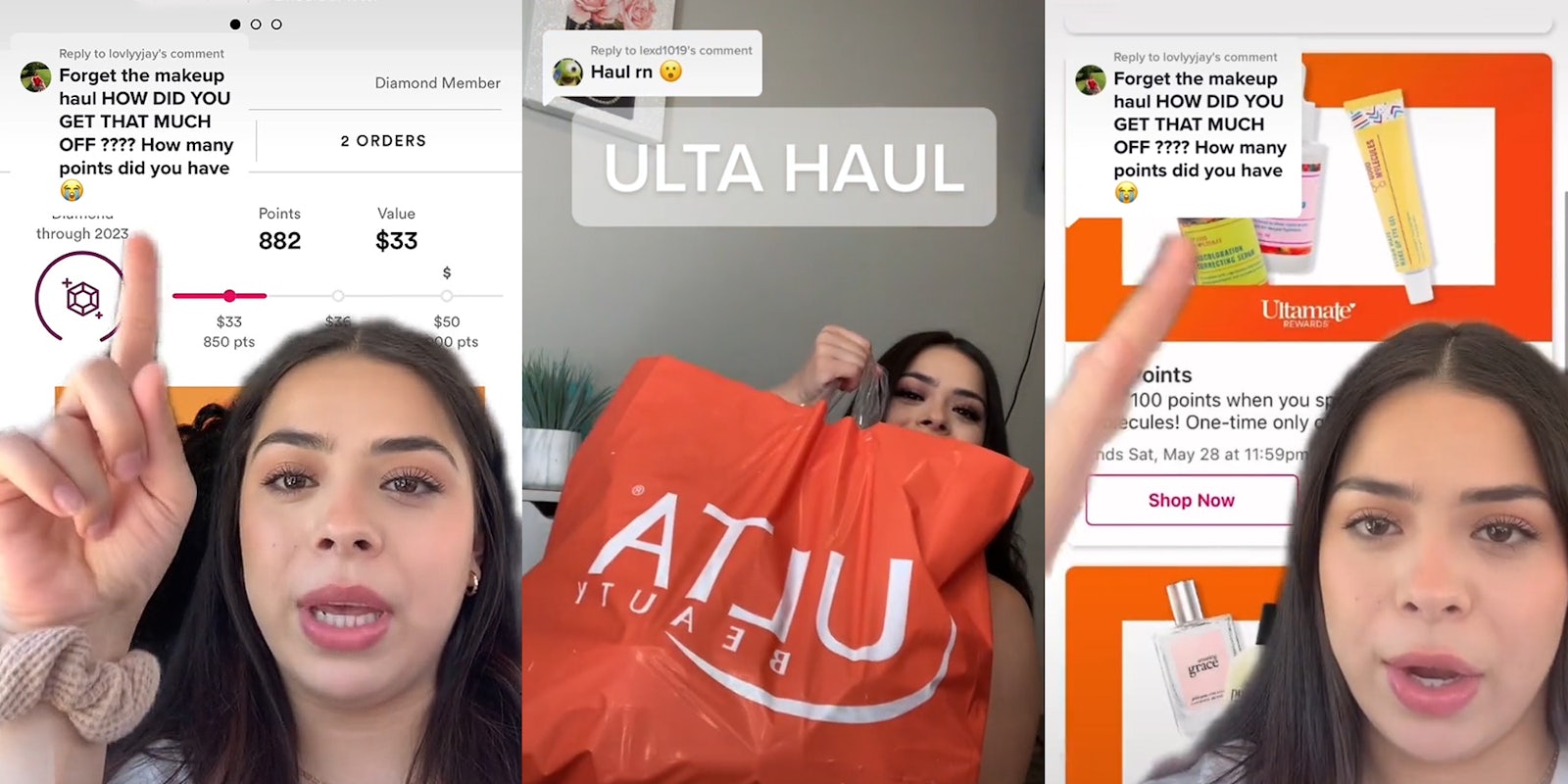 Wpman greenscreen TikTok over Ulta app pointing to rewards caption 'Forget the makeup haul HOW DID YOU GET THAT MUH OFF???? How many points did you have' (l) Woman holding Ulta bag caption 'Haul rn' 'ULTA HAUL' (c) woman greenscreen TikTok over Ulta app pointing to points deals caption 'Forget the makeup haul HOW DID YOU GET THAT MUCH OFF???? How many points did you have' (r)