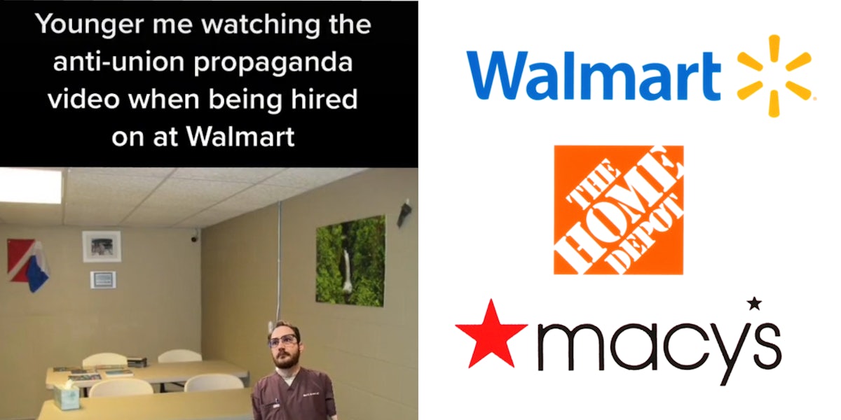 man greenscreen tiktok him in walmart backroom caption 'Younger me watching the anti-union propaganda video when being hired on at Walmart' (l) Walmart, The Home Depot, and Macy's logo on white background (r)