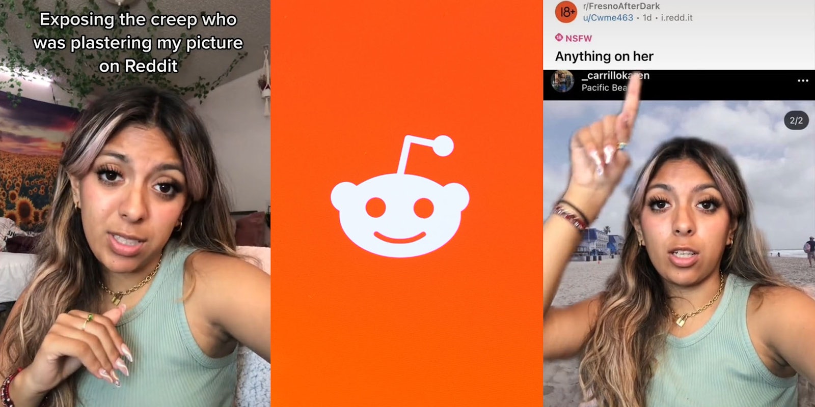 Woman talking in bedroom caption 'Exposing the creep who was plastering my picture on Reddit' (l) Reddit logo on orange background (c) woman greenscreen tiktok pointing finger over reddit post caption 'NSFW' 'anything on her' beach photo behind her (r)