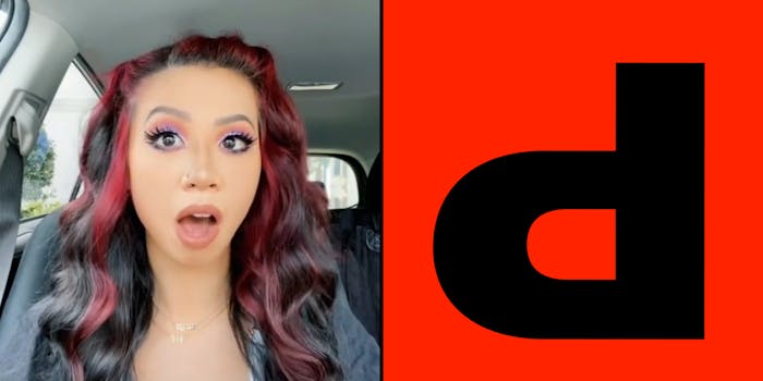 woman open mouth in car speaking (L) Dpop logo on red background (r)