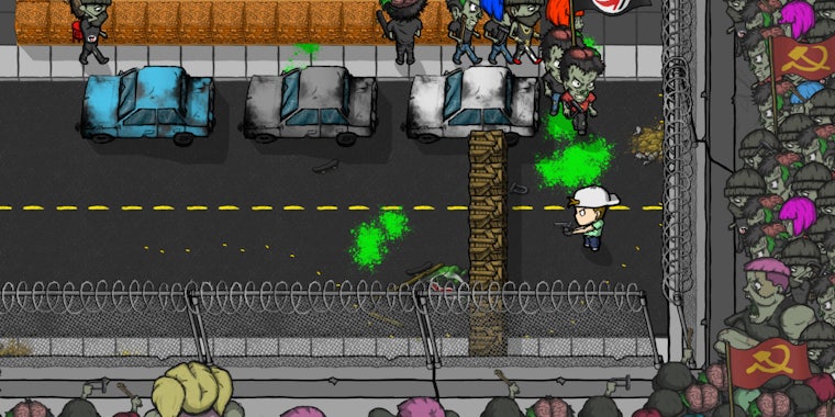 video game kid character shooting zombies