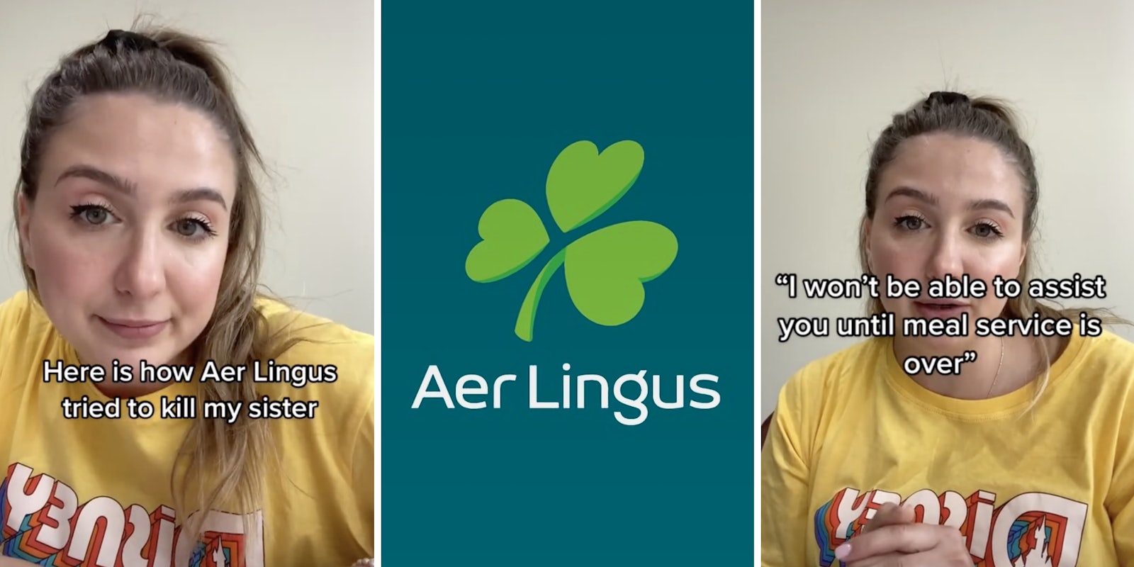blonde woman in a yellow shirt explaining a story (l) aer lingus logo (c) (r)