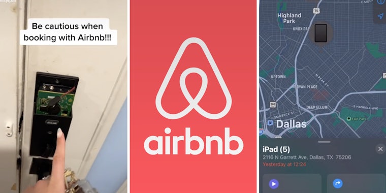 woman pointing to electronic lock on door (l) airbnb logo (c) digital gps map (r)