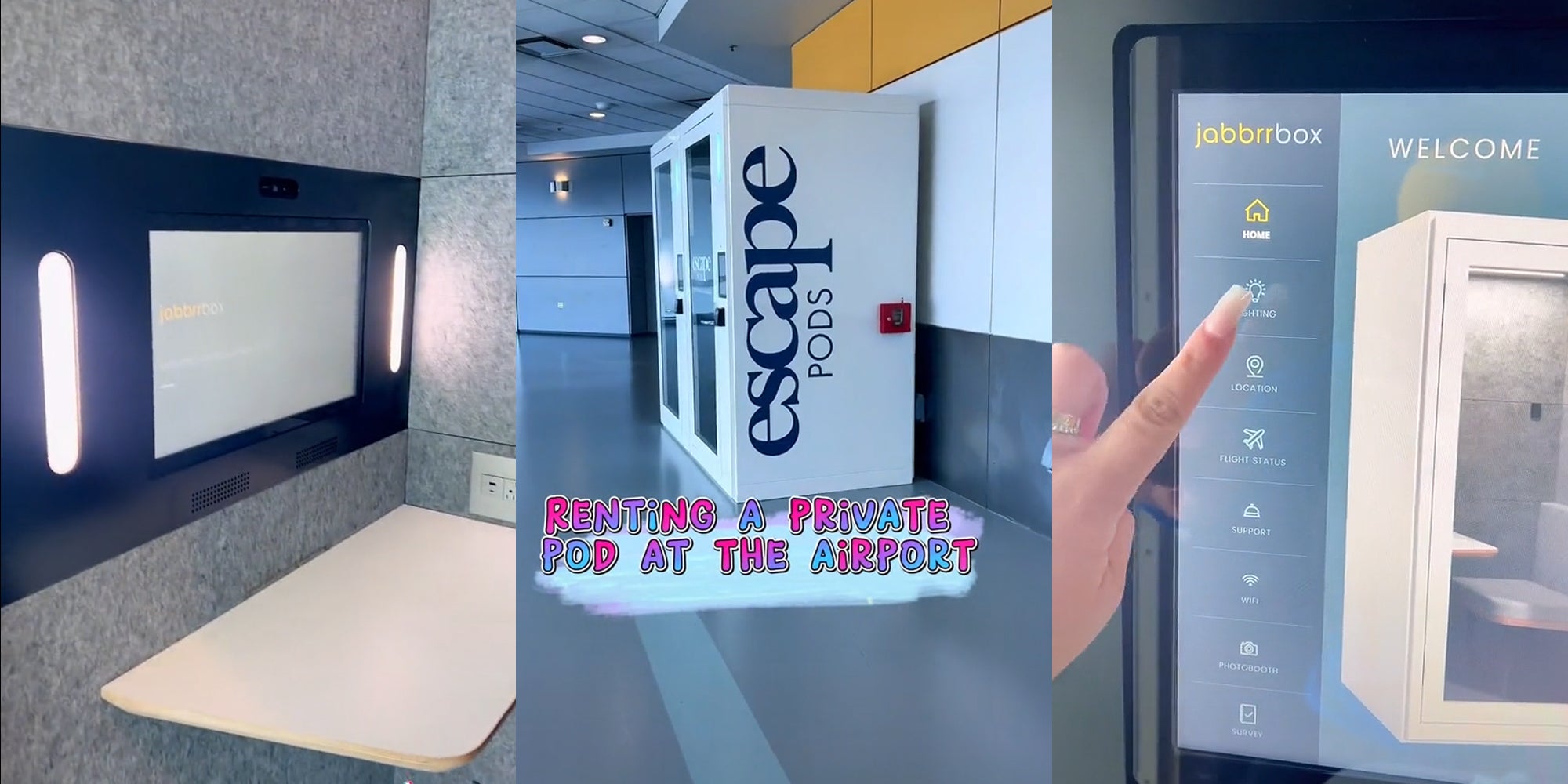 Interior of airport rental pod small table bench outlet and screen (l) Escape PODS airport pod exterior caption 'Renting a private pod at the airport' (c) escape Pods touchscreen with female about to press lighting option (r)