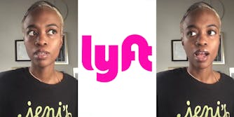Woman shocked scares expression looking right (l) Lyft logo pink on white background (c) Woman shocked scared expression looking left (r)