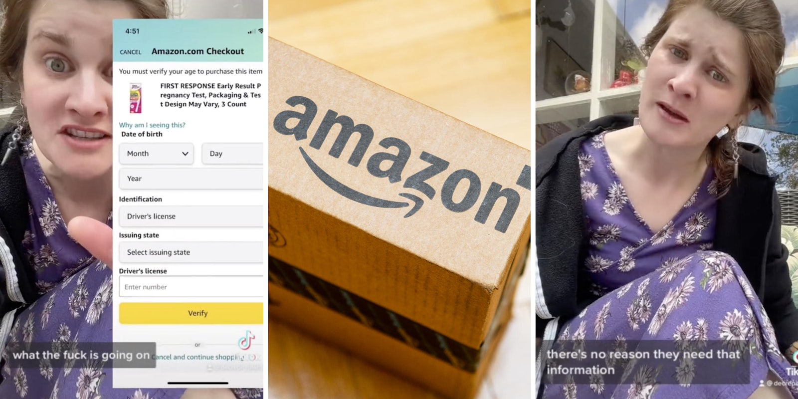 woman showing a screenshot of an amazon checkout (l) amazon shipping box (c) woman looking confused (r)