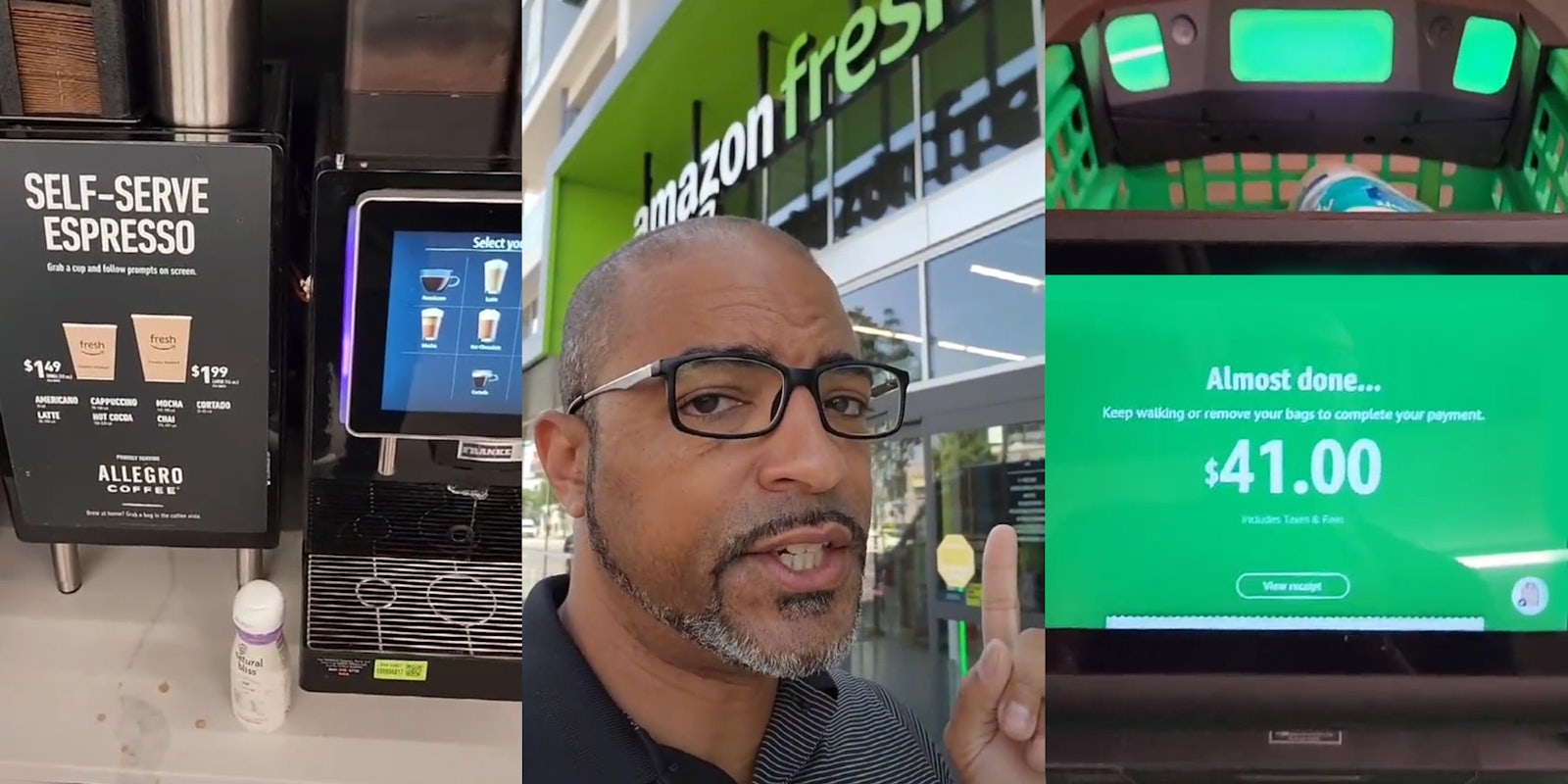 Self serve coffee machine inside of Amazon Fresh store (l) Man pointing to Amazon Fresh sign (c) Amazon Fresh shopping cart screen processing payment (r)