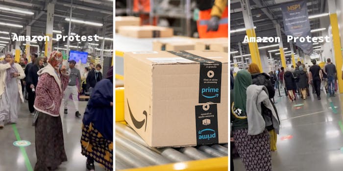 amazon workers walking out of amazon (l)(r) amazon box (m)