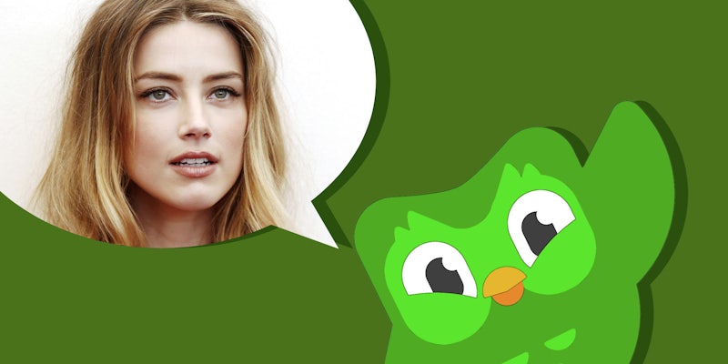 green duolingo owl saying a speech bubble with a blond woman in it