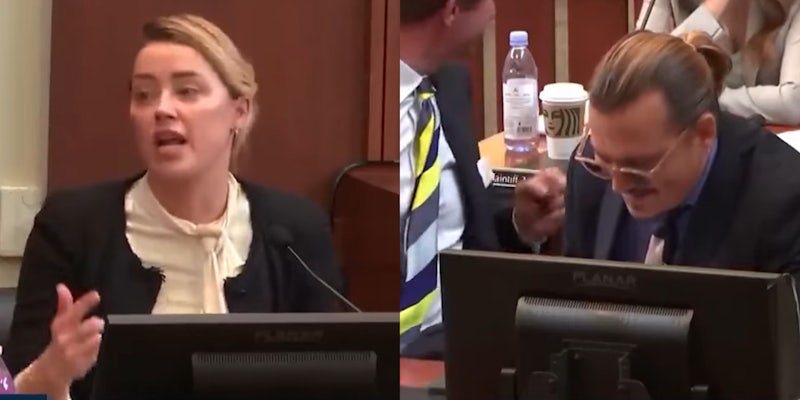amber heard on stand (l) johnny depp smiles as lawyer pumps fist (r)