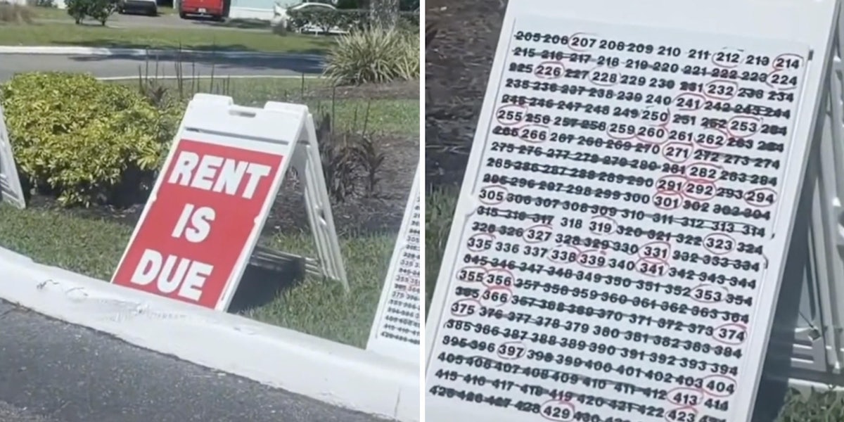 sign on lawn that says 'rent is due' (l) sign on lawn that has phone numbers on it (r)