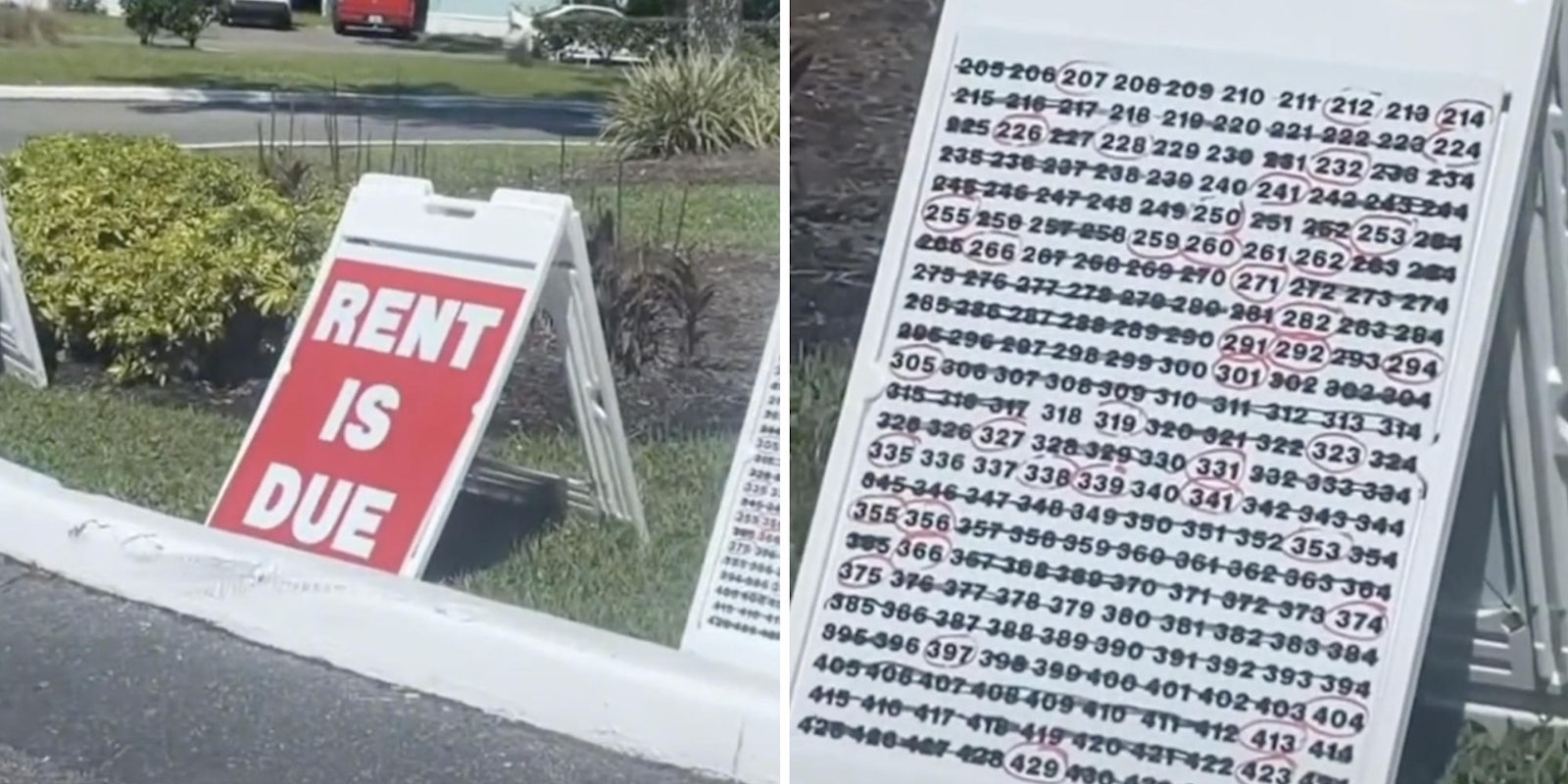 sign on lawn that says 'rent is due' (l) sign on lawn that has phone numbers on it (r)