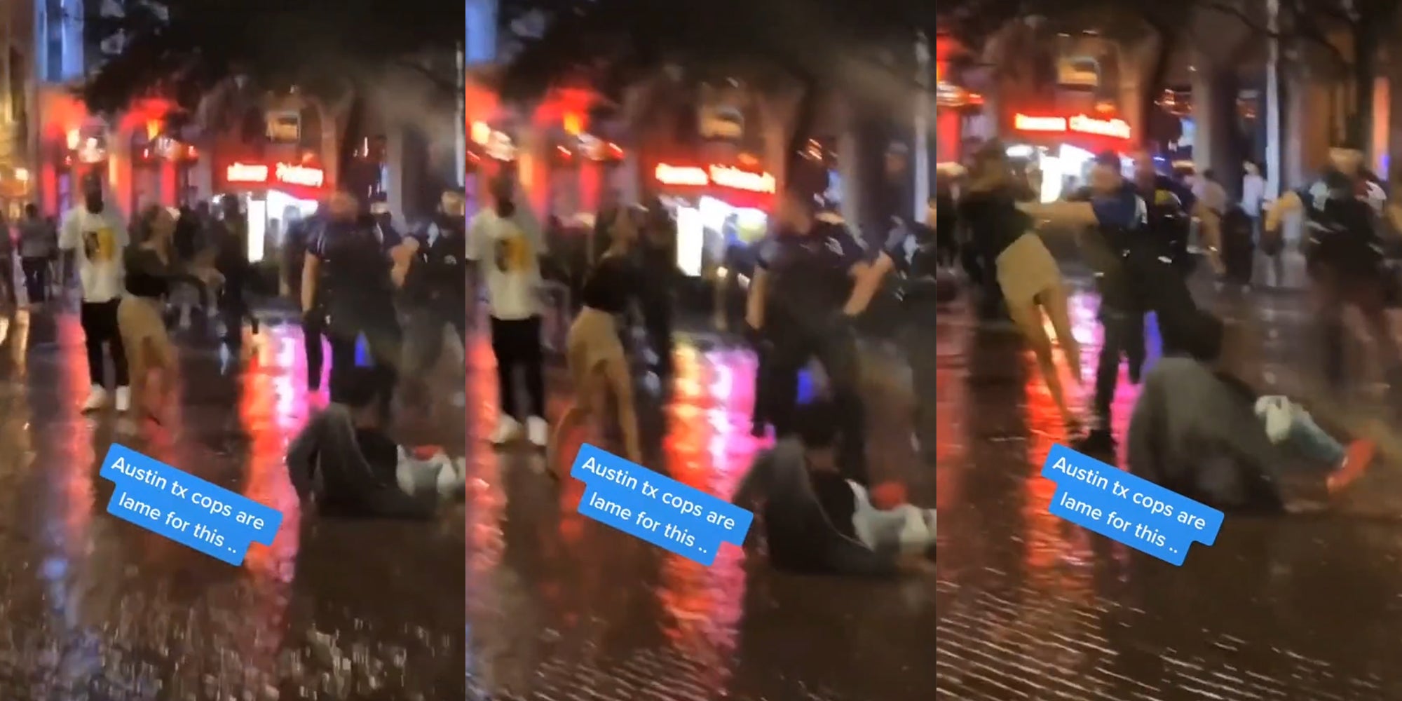 woman approaches police officer, gets shoved to the ground with caption 'Austin tx cops are lame for this..'