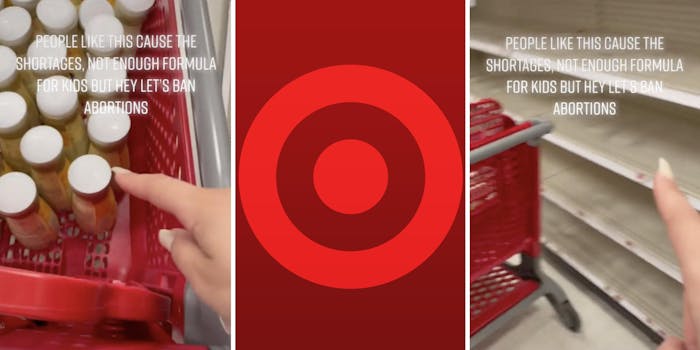 woman pointing to a shopping cart full of baby formula (l) target logo (c) woman pointing to empty store shelves (r)