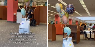 robot on wheels with balloons tied to it driving around a library