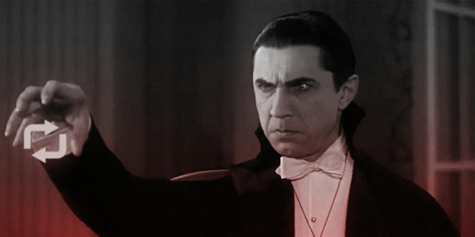 Bela Lugosi as Dracula holds up a hand with a Tumblr 'reblog' symbol floating within