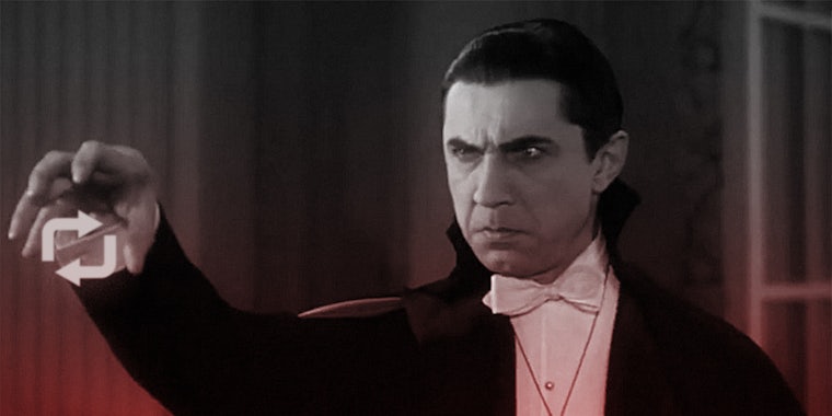 Bela Lugosi as Dracula holds up a hand with a Tumblr 'reblog' symbol floating within