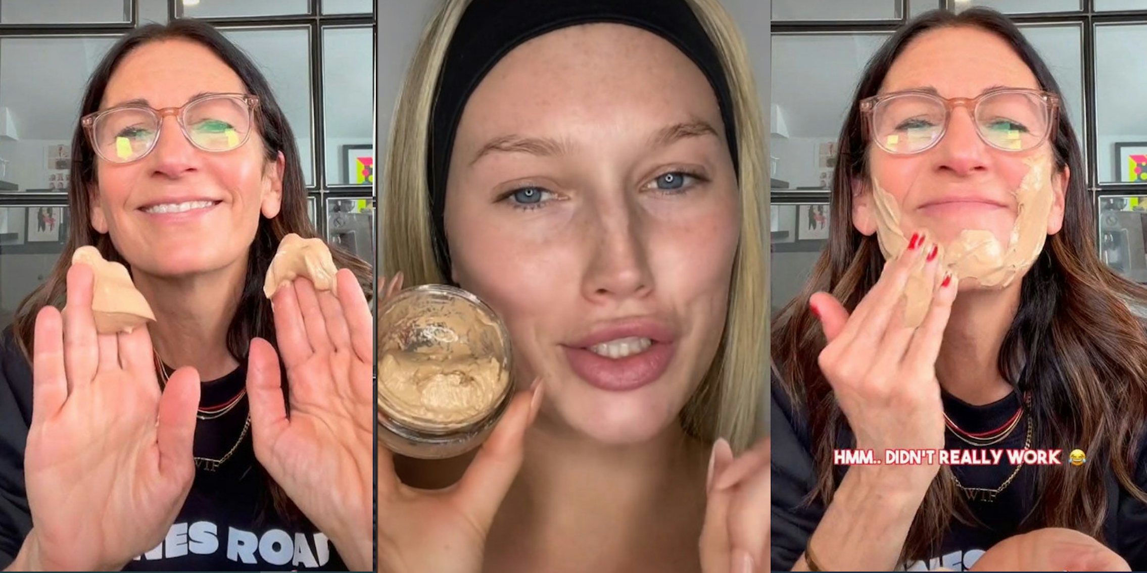 Bobbi Brown holding globs of foundation in both hands (l) Bobbi Brown hands together caption 'SO I ALWAYS LOVE LEARNING NEW MAKEUP TECHNIQUES' (c) Bobbi Brown hand on face applying foundation caption 'HMM..DIDN'T REALLY WORK laughing emoji*' (r)