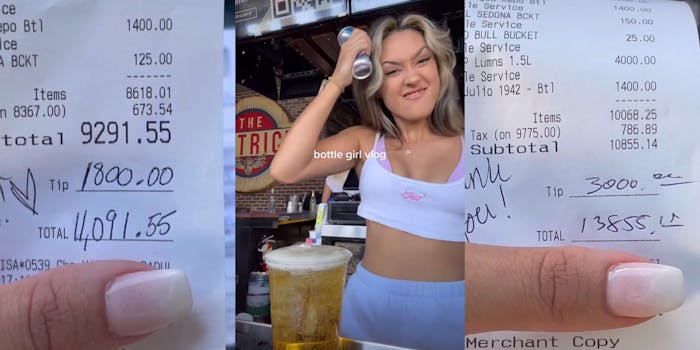 woman hand holding receipt "Tip 1800.00" (l) woman crushing beer on head caption "bottle girl vlog" (c) woman holding receipt "Tip 3,000.00" (r)