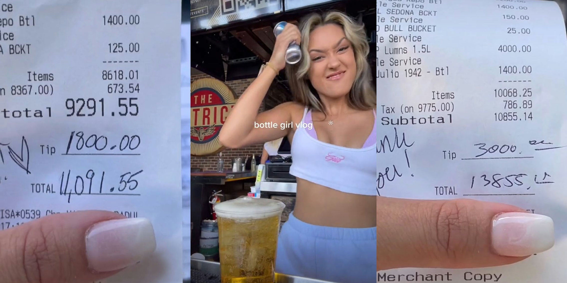 woman hand holding receipt 'Tip 1800.00' (l) woman crushing beer on head caption 'bottle girl vlog' (c) woman holding receipt 'Tip 3,000.00' (r)
