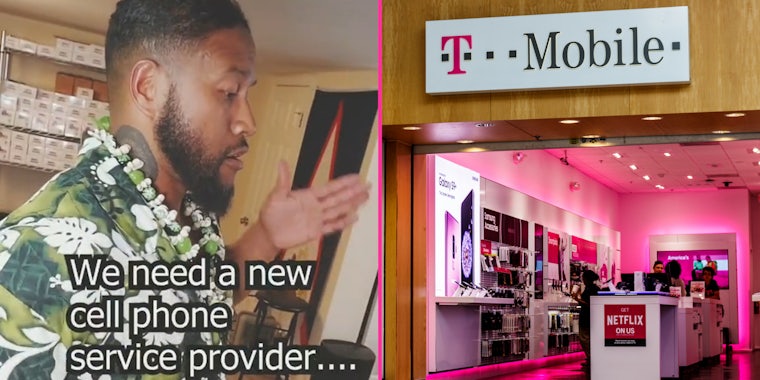 Man dancing like robot caption 'We need a new cell phone service provider...' (l) T Mobile store interior with sign out front (r)