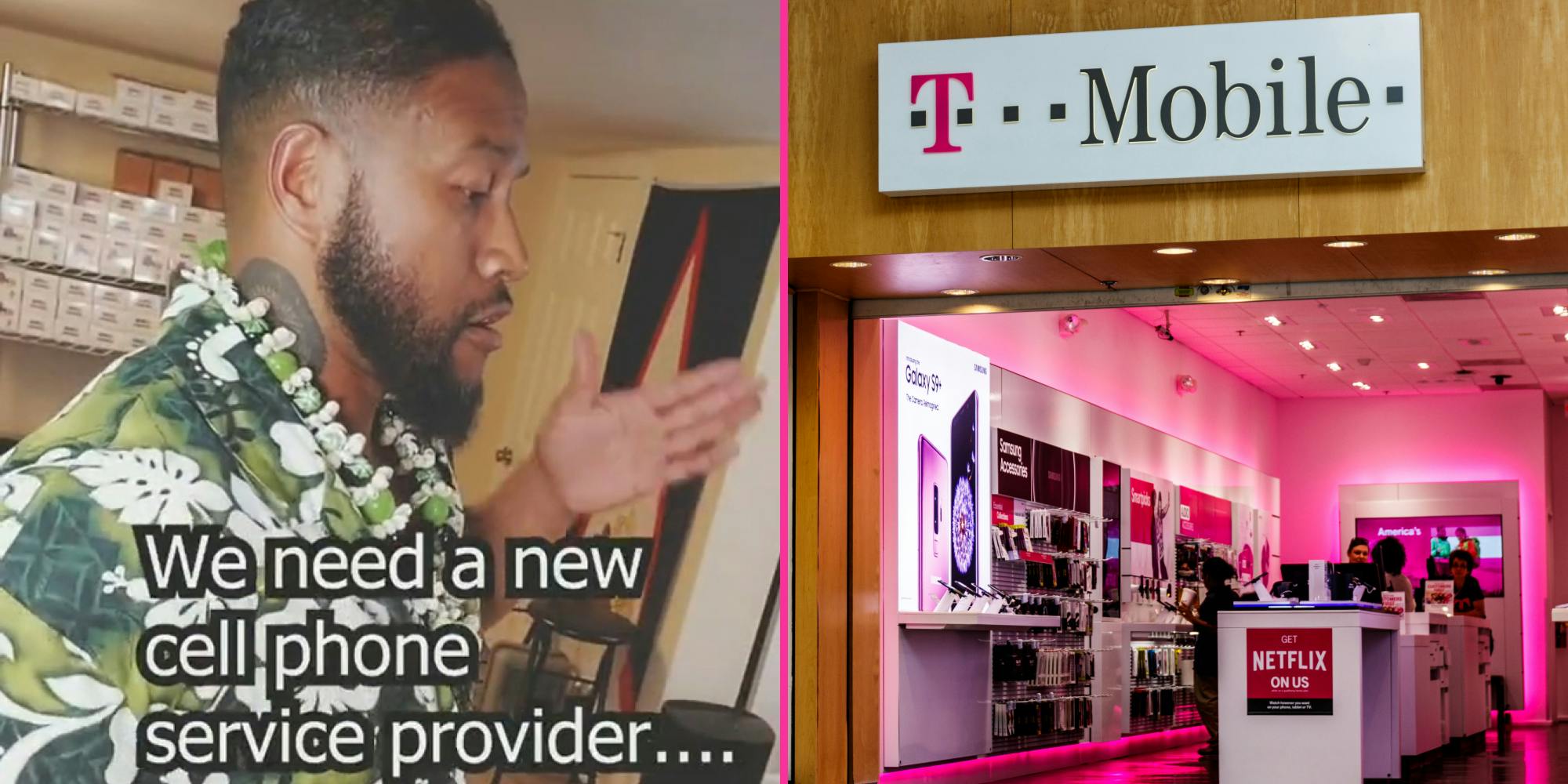 Man dancing like robot caption "We need a new cell phone service provider..." (l) T Mobile store interior with sign out front (r)