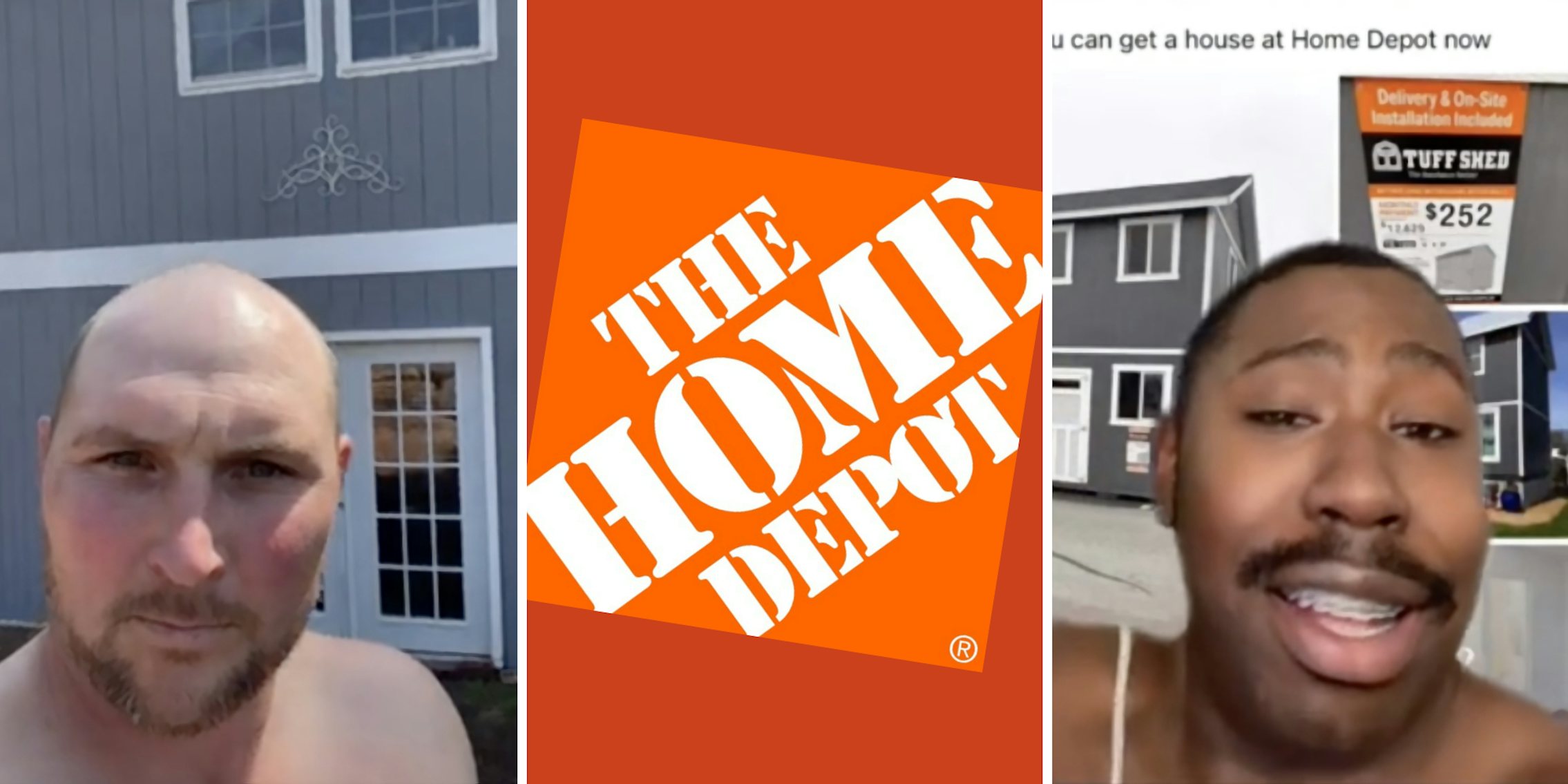 white topless man showing a house (l) home depot logo (c) black topless man smiling (r)