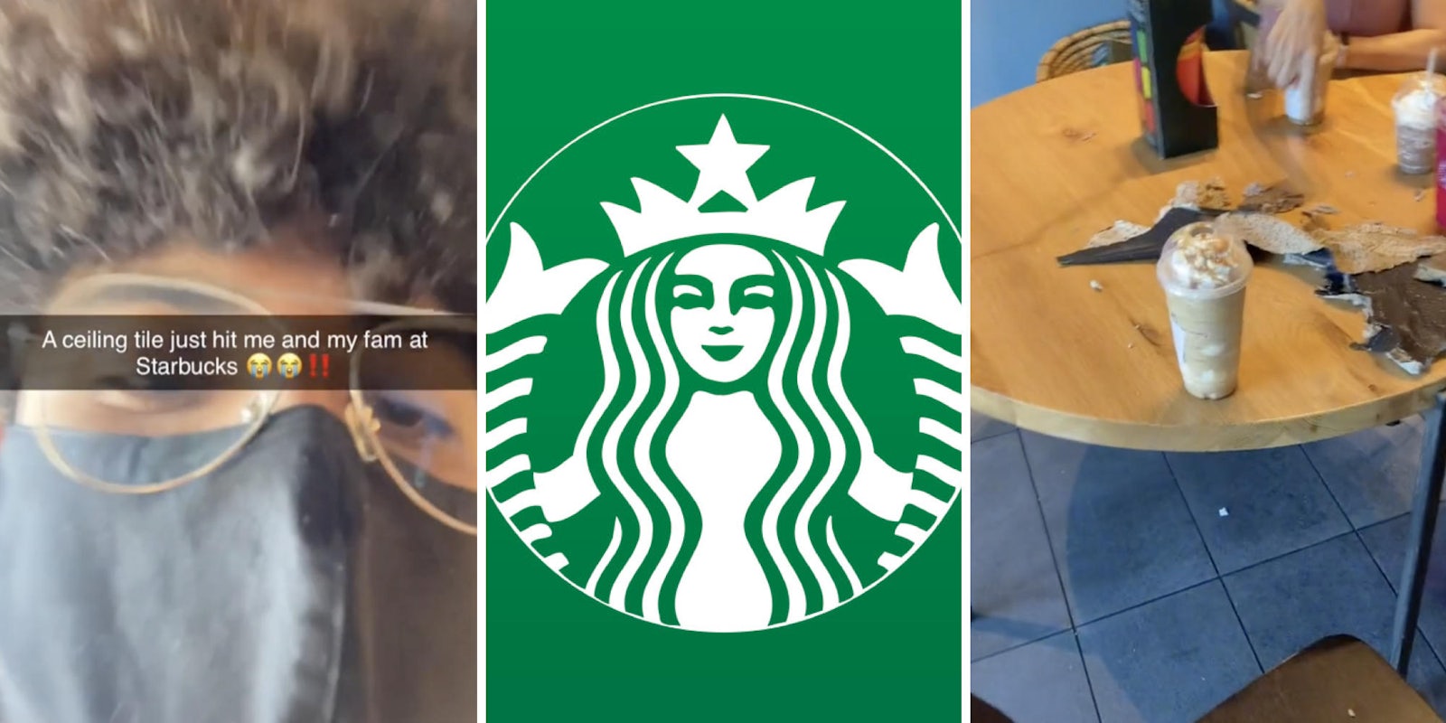 closeup of curly-haired man with glasses (l) starbucks logo (c) broken ceiling tile on table (r)
