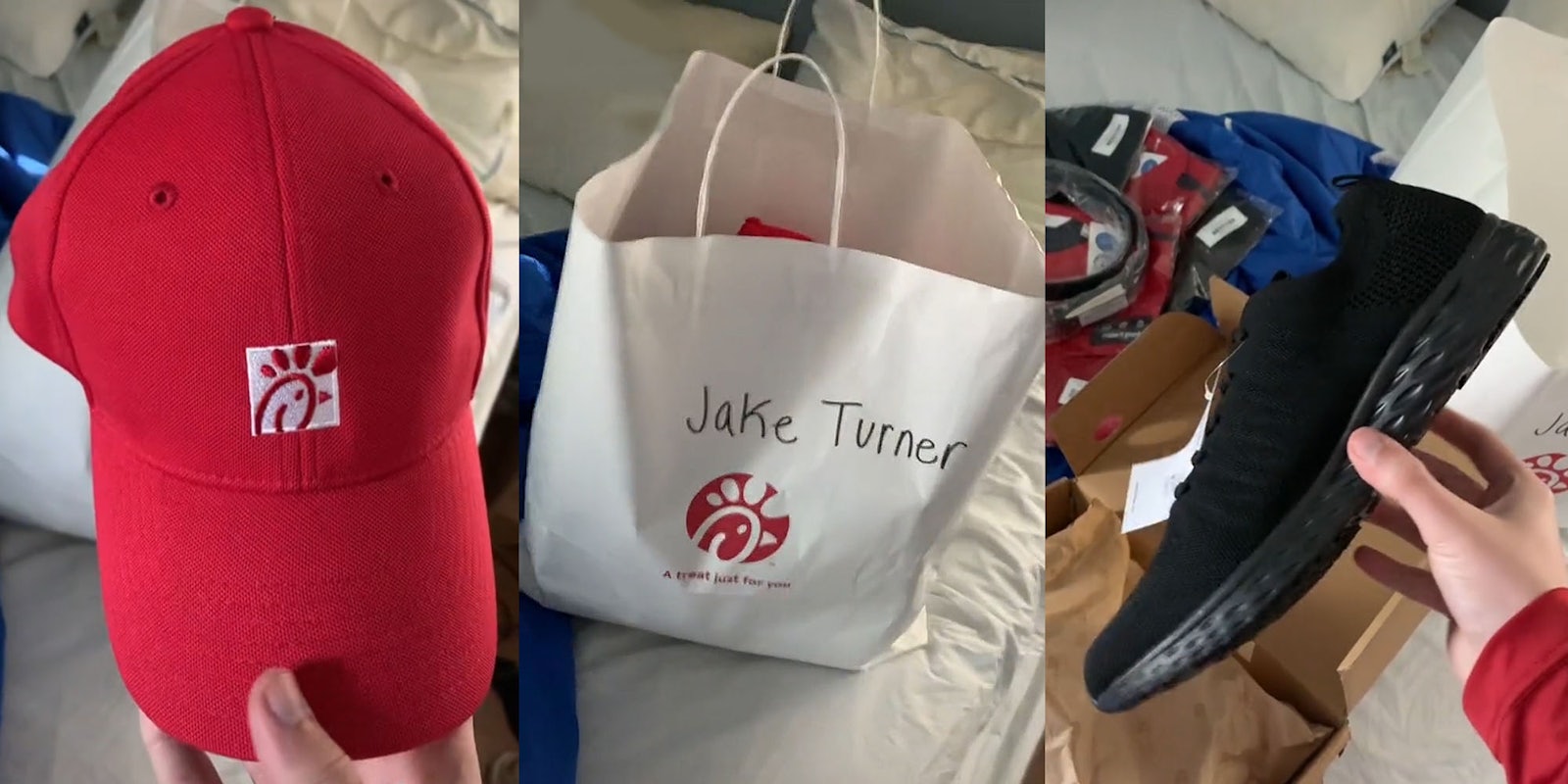 Man holding chick fil a branded hat in bedroom (l) white bag on bed with name Jake Turner written in sharpie on side sitting on bed (c) Man hand holding shoe above other clothing items on bed (r)
