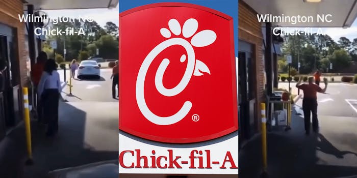 woman chasing car in drive thru (l) chick-fil-A sign (c) workers with hands raised in drive thru (r) with caption "Wilmington NC Chick-fil-A"