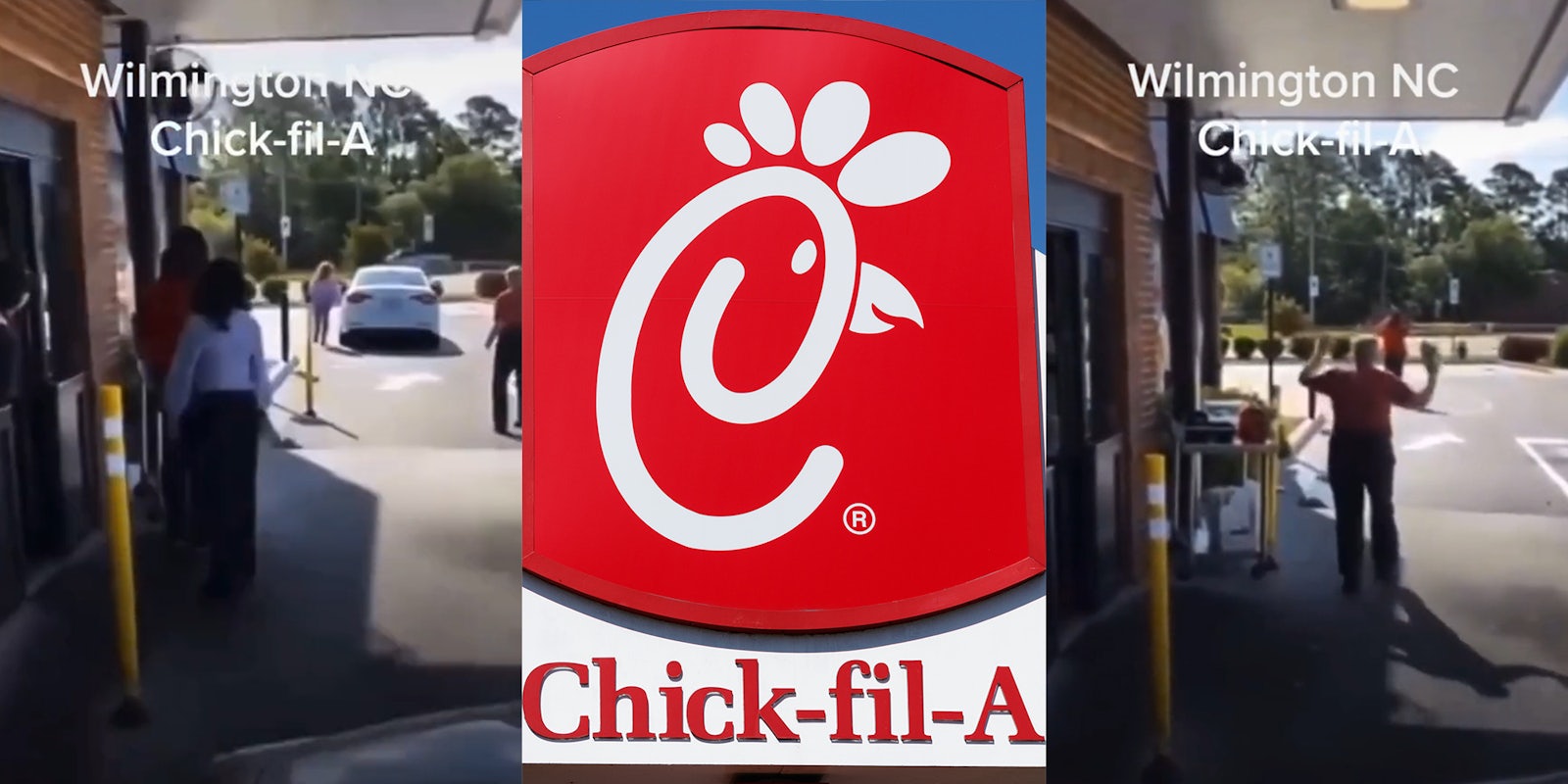woman chasing car in drive thru (l) chick-fil-A sign (c) workers with hands raised in drive thru (r) with caption 'Wilmington NC Chick-fil-A'