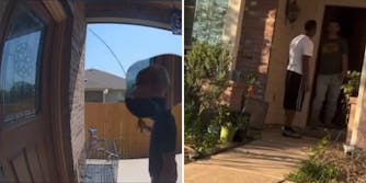 Ring.com footage of child whipping door of African American family (l) Two men confrontation at neighbor's house sidewalk (r)