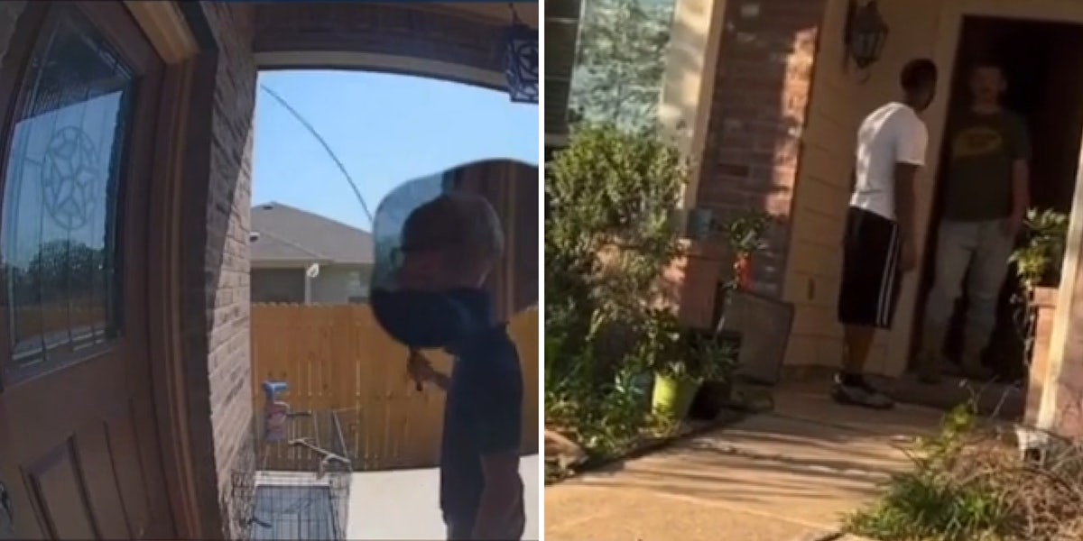 Ring.com footage of child whipping door of African American family (l) Two men confrontation at neighbor's house sidewalk (r)