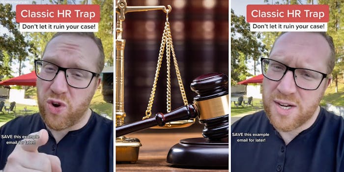 bearded man in glasses talking to viewer (l) (r) judge gavel and scale (c)