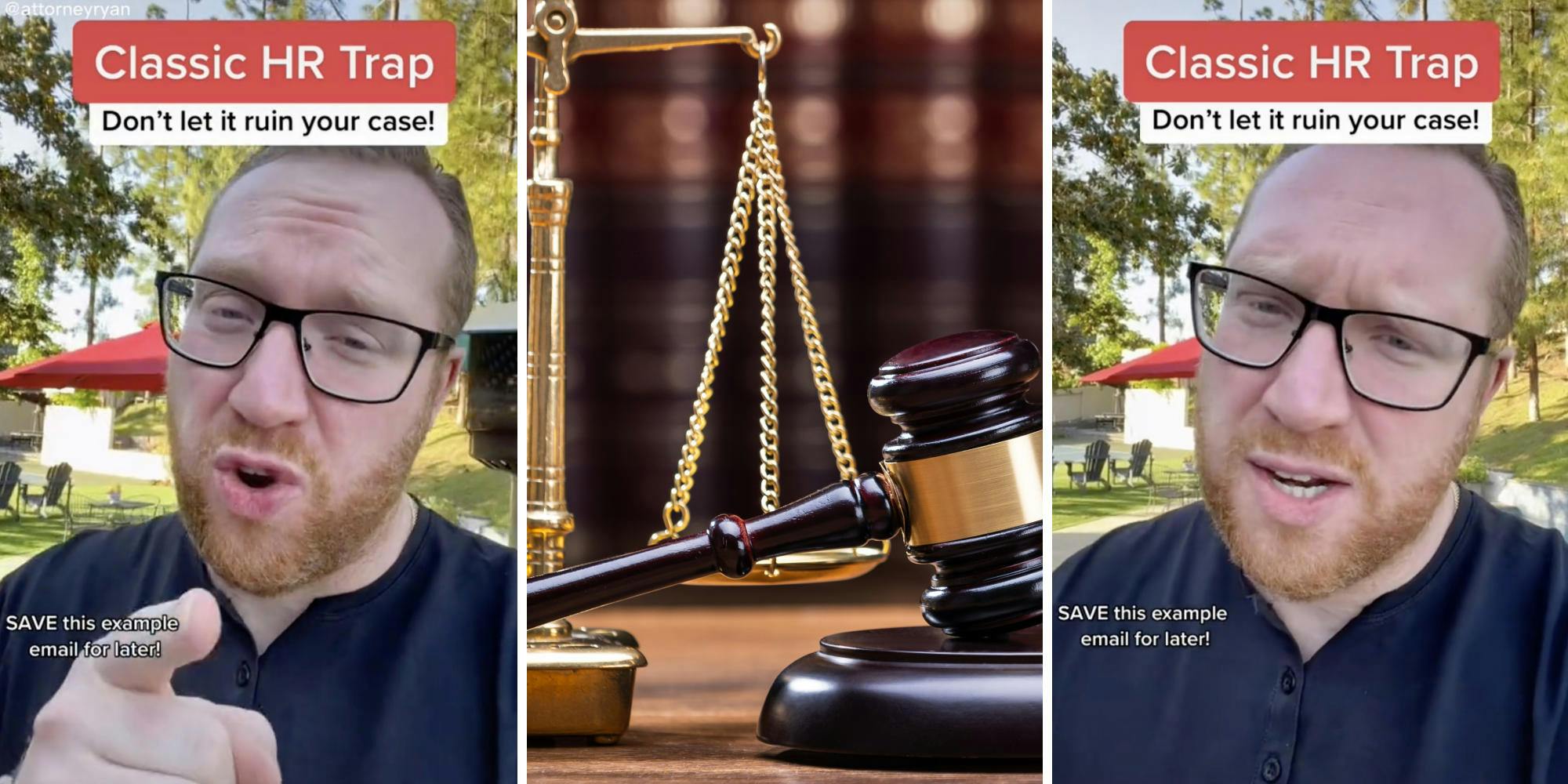 bearded man in glasses talking to viewer (l) (r) judge gavel and scale (c)