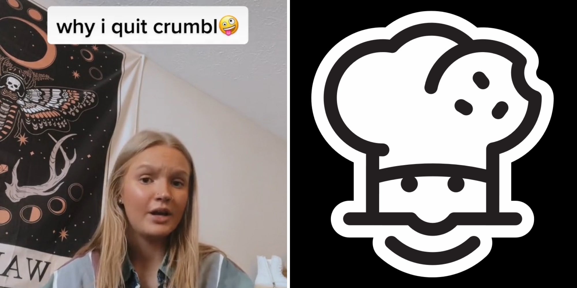 Woman in bedroom speaking caption 'why I quit Crumbl' (l) Crumbl Cookies logo on black background (r)