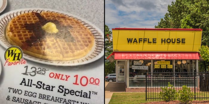 Waffle House menu "All-Star Special""$13.95 (crossed out) only $10.00" with photo of waffles (l) Waffle House building with blue sky and trees (r)