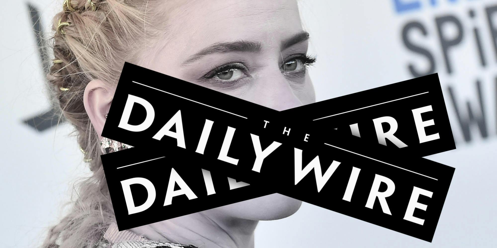 blonde woman but her mouth is being blocked by "The Daily Wire" logos