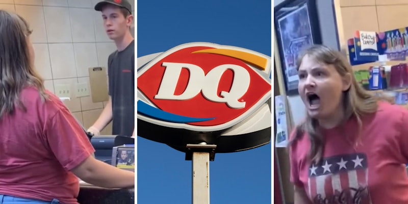 woman talking to store clerk (l) dairy queen sign (m) woman screaming in anger (r)
