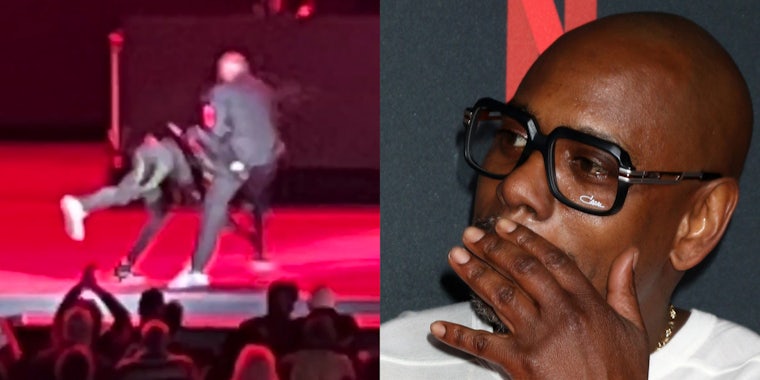 someone tackling Dave Chappelle on stage (l) Dave with hand over mouth (r)