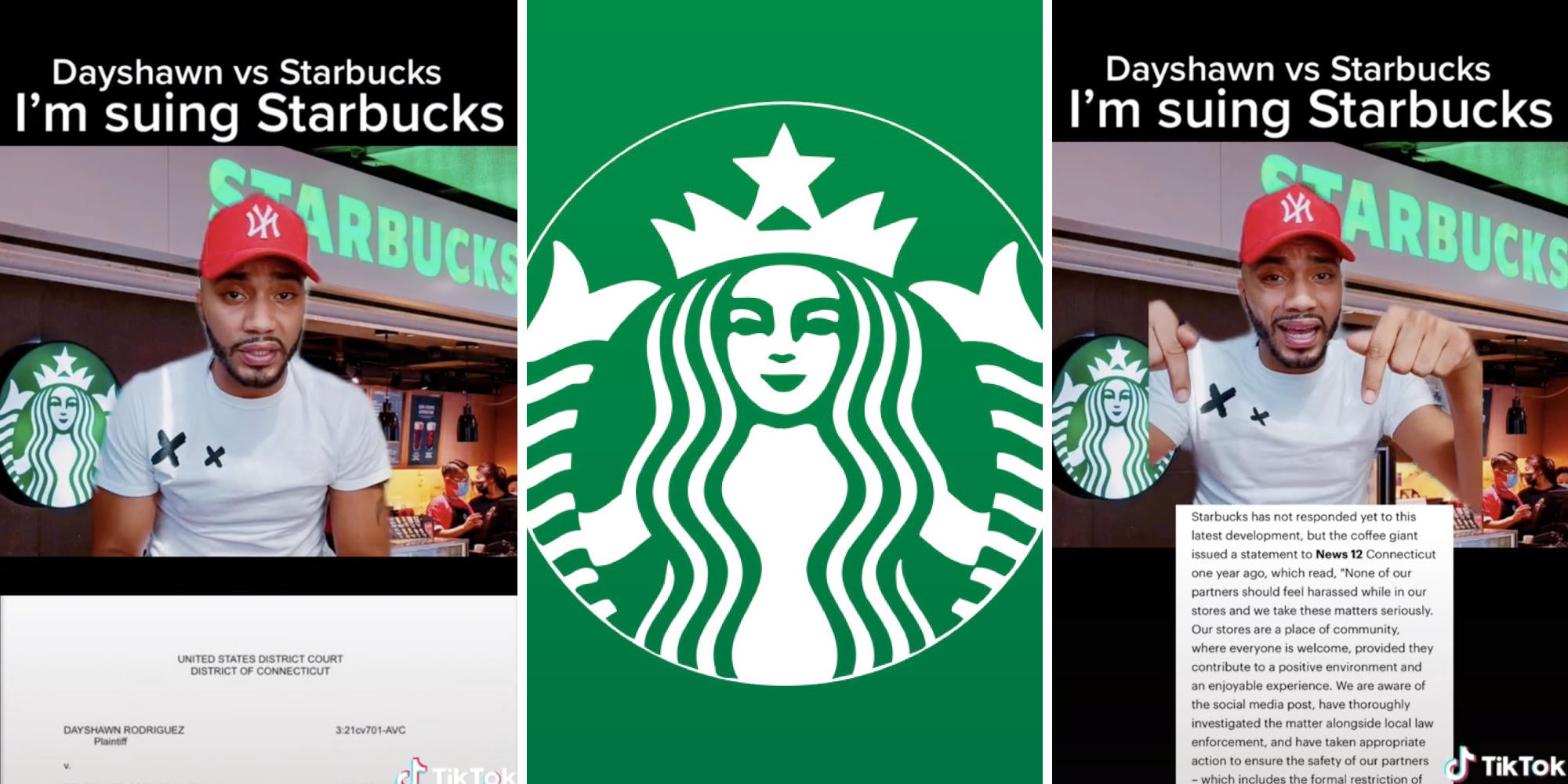 black man in hat in front of starbucks (l) starbucks logo (c) black man pointing to email (r)