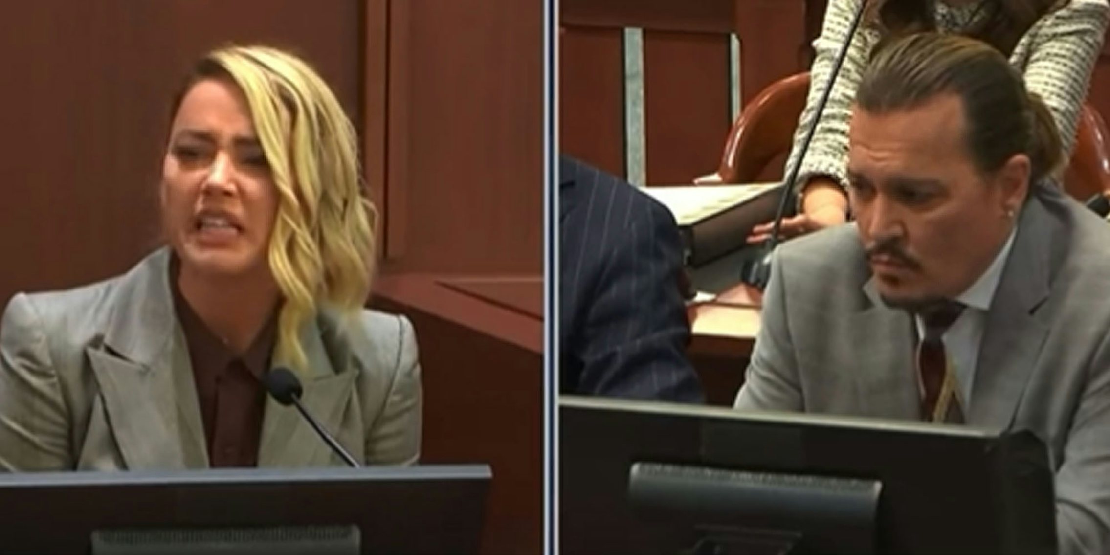 Amber heard in court speaking (l) Johnny Depp in court (r)