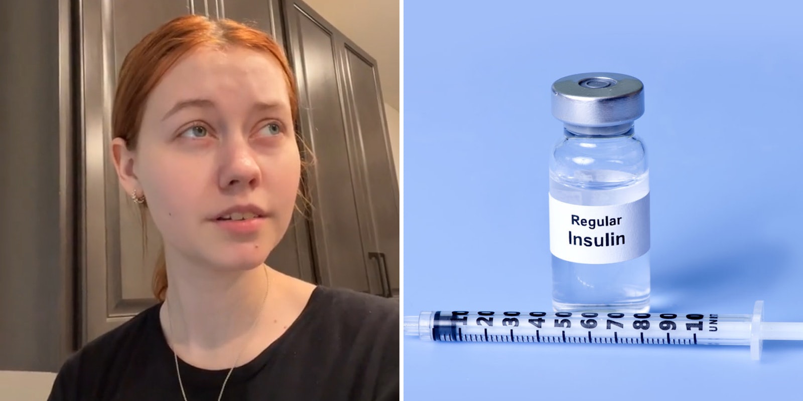 woman talking in kitchen (l) regular insulin in bottle with syringe on blue background (r)