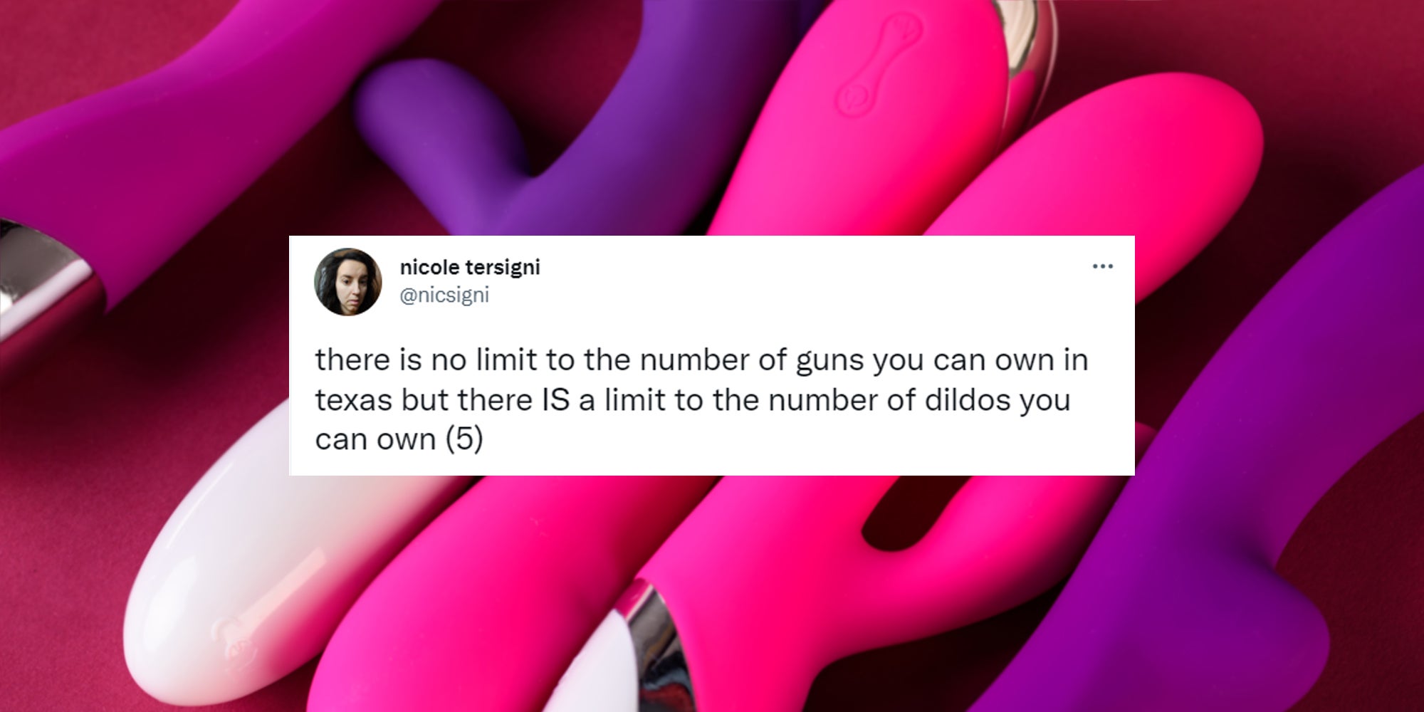 Adult sex toys on red background with tweet by Nicole Tersigni centered caption "there is no limit to the number of guns you can own in texas but there IS a limit to the number of dildos you can own (5)