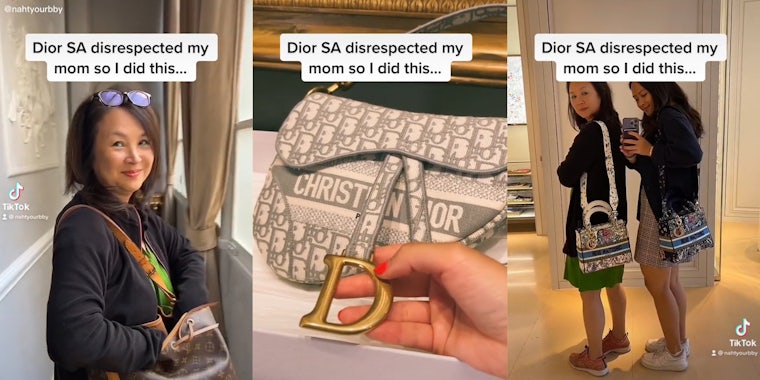 woman in hallway (l) hand holding christian dior purse (c) two women taking selfie (r) with caption 'Dior SA disrespected my mom so I did this...'