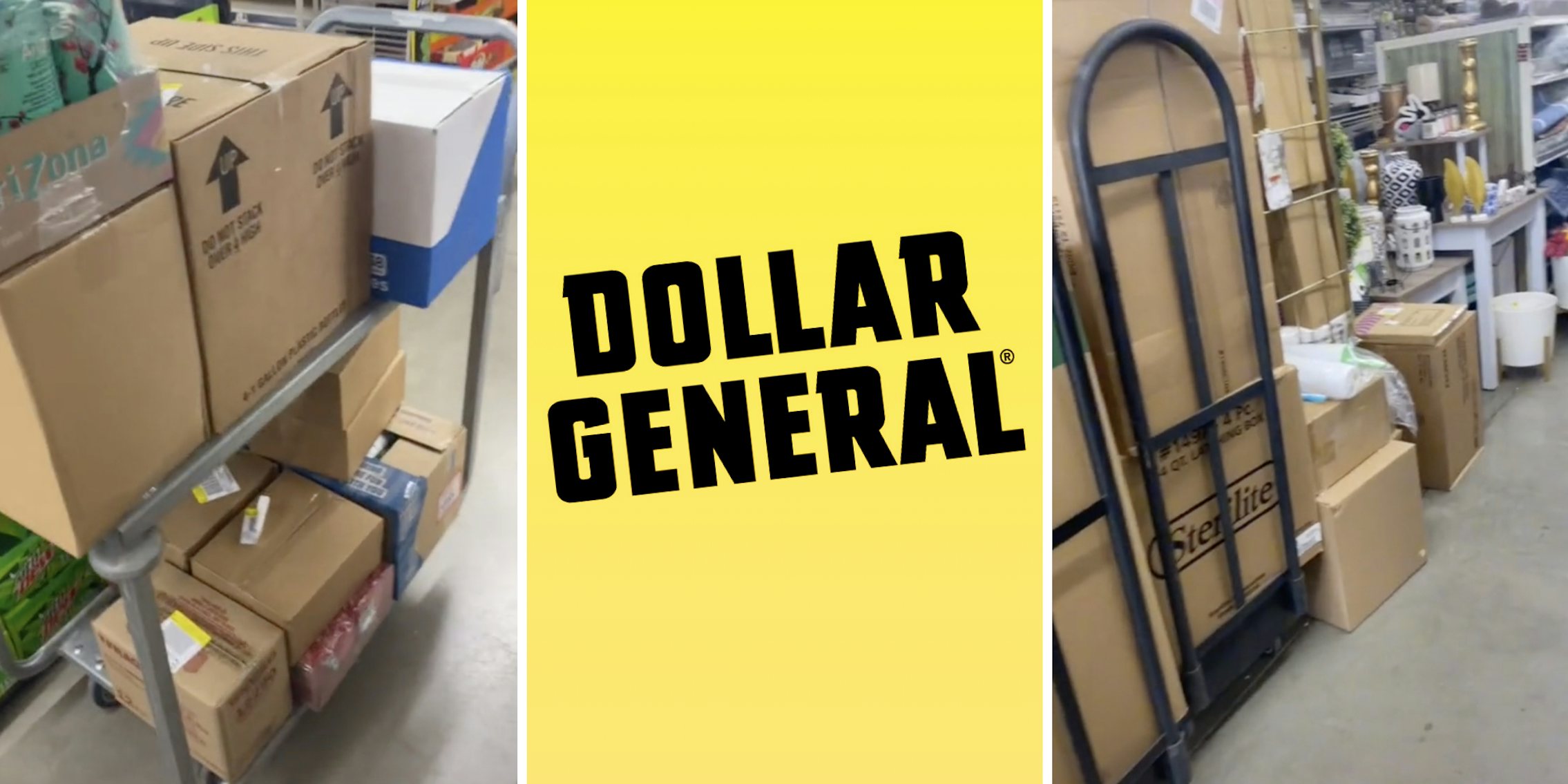 stacked shipping boxes in a department store (l) dollar general logo (c) even more stacked shipping boxes in a department store (r)