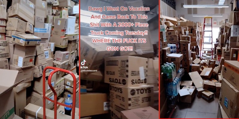 dollar tree worker shows inventory boxes piled high in backroom
