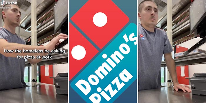 white man working on computer, looking at customer across counter (l) dominos logo (c) man putting both hands on counter
