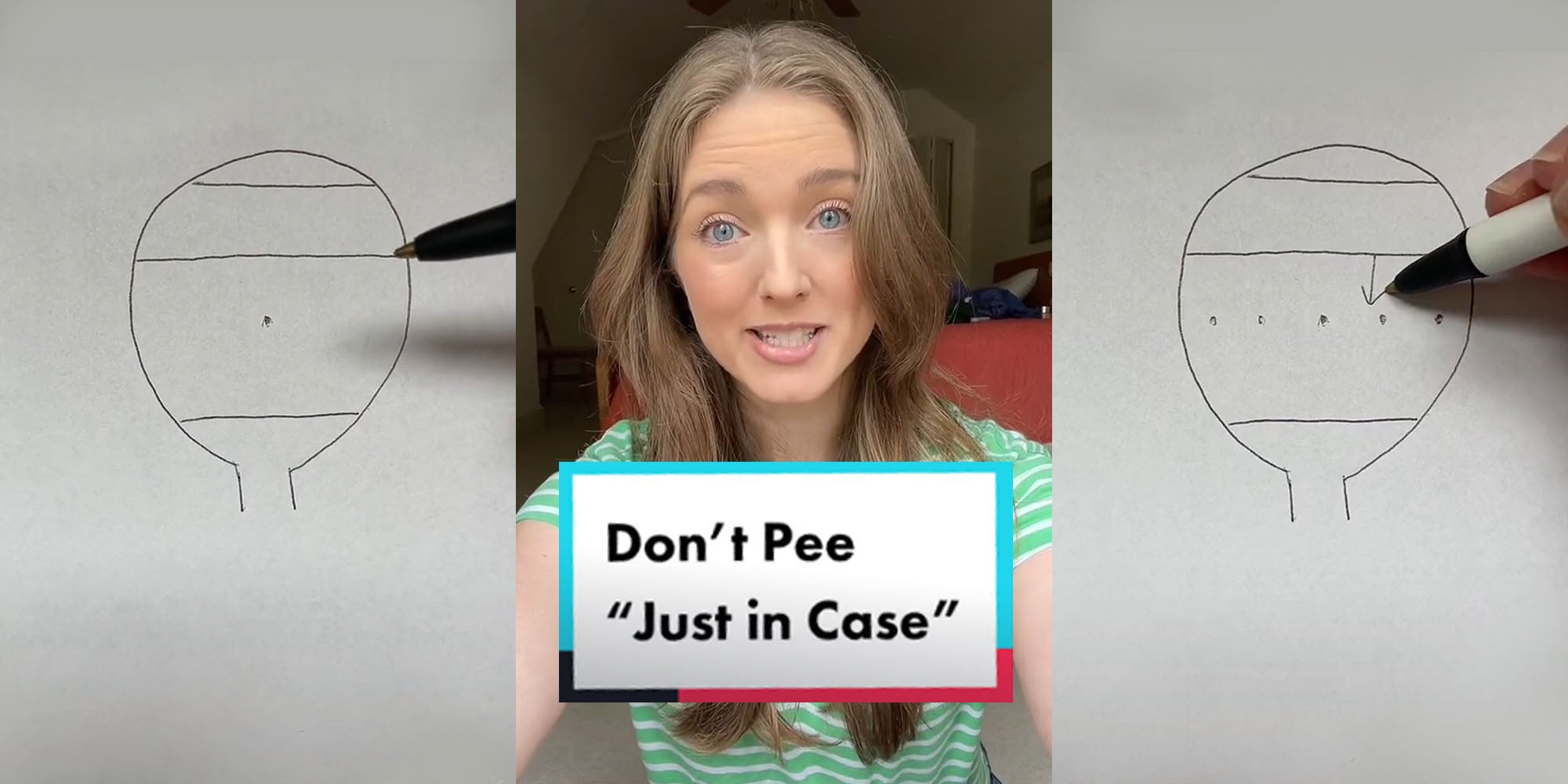 simple drawing of bladder layered into three parts, pen lifting away from fresh drawn dot in center layer of drawing (l) Dr. Alicia Jeffery talking caption 'Don't Pee 'Just in Case' (c) simple drawing of bladder with multiple dots now in center layer, pen drawing down arrow from next layer up (r)